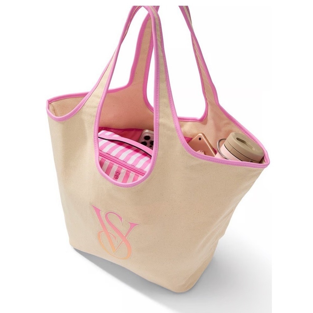 Victoria's Secret Canvas Tote Heritage Stripe Rope Snap Closure NWT/PACKAGING